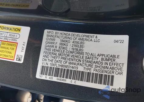 2022 Honda Civic Sport Touring из США, поврежденный, VIN 19XFL1H86NE014419